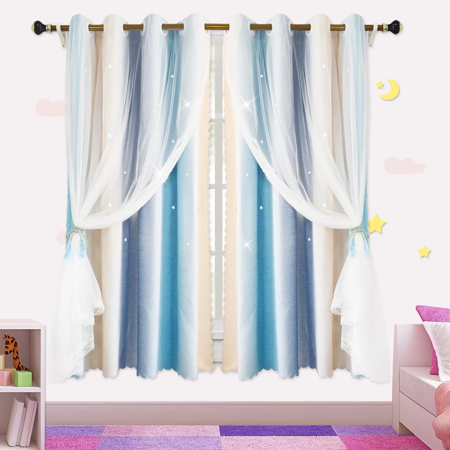 Blackout curtain with tulle and ombre stars – double layered, 1 piece