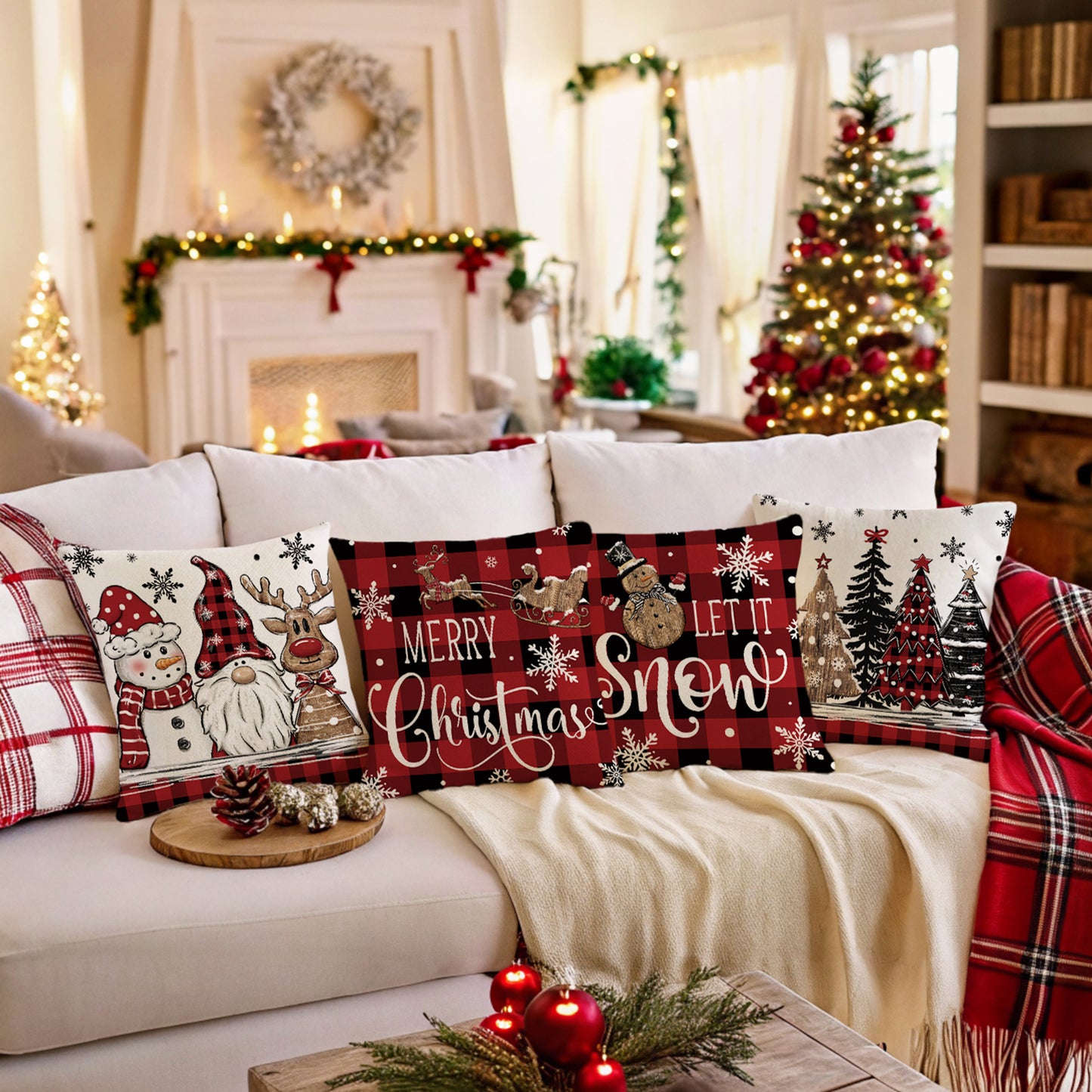 4er-Set Weihnachts-Kissenbezüge aus Leinen – Softe Dekokissen für Sofa und Bett (45×45 cm)