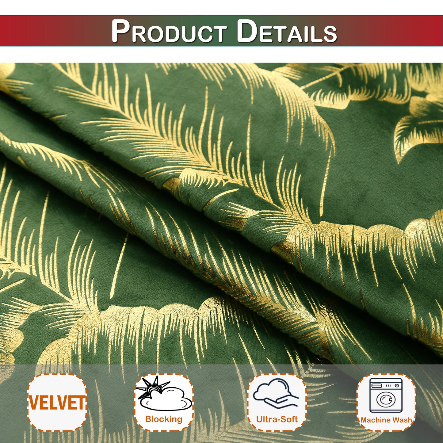 Rideaux de Noël en velours avec feuille d'or · Occultants · Rouge/Vert · 2 pièces