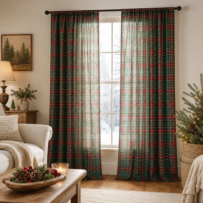 2 rideaux de Noël à carreaux tartan, semi-transparents et avec bande multifonctionnelle