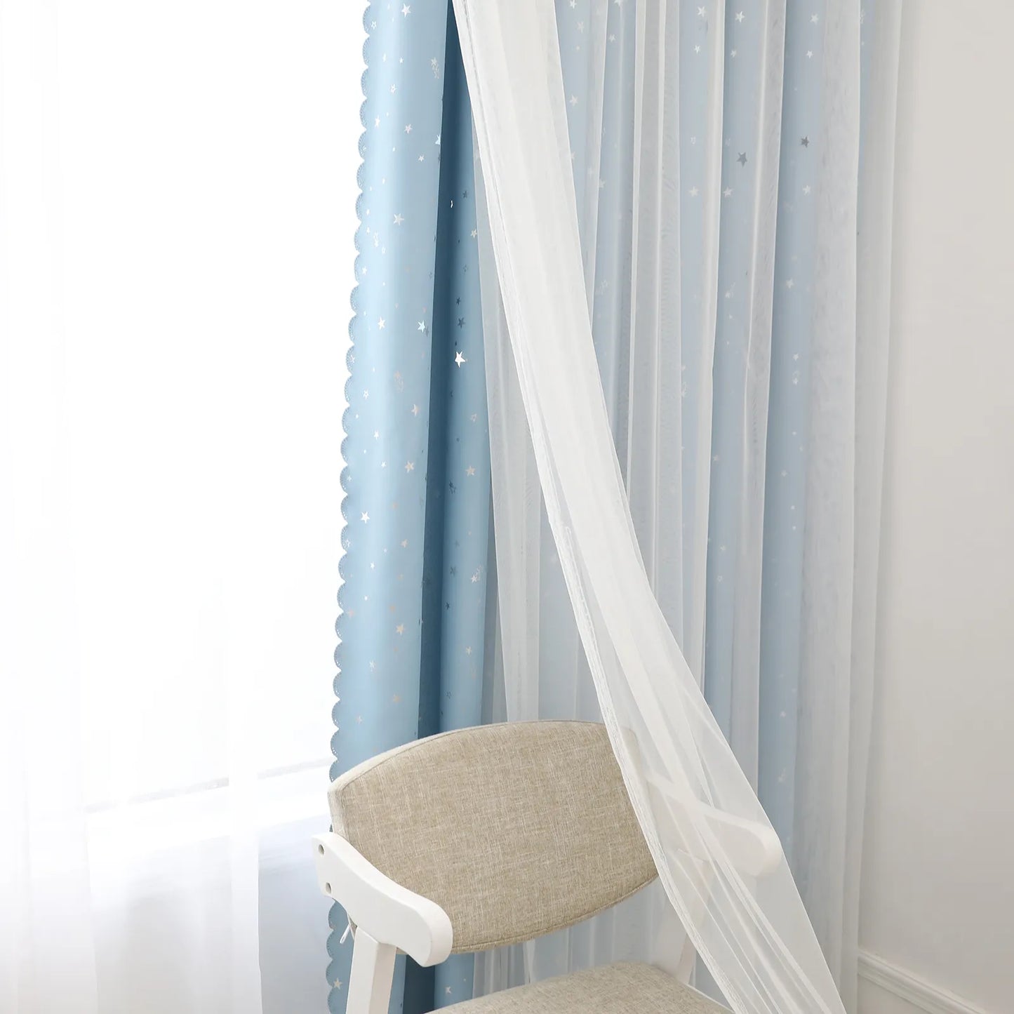 Blackout curtain with double-layered tulle, cut-out stars and silver print – 1 piece