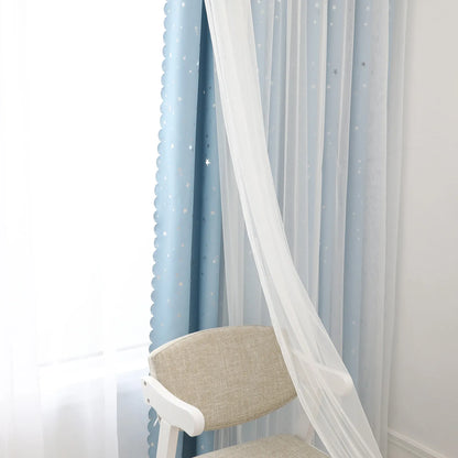 Blackout curtain with double-layered tulle, cut-out stars and silver print – 1 piece