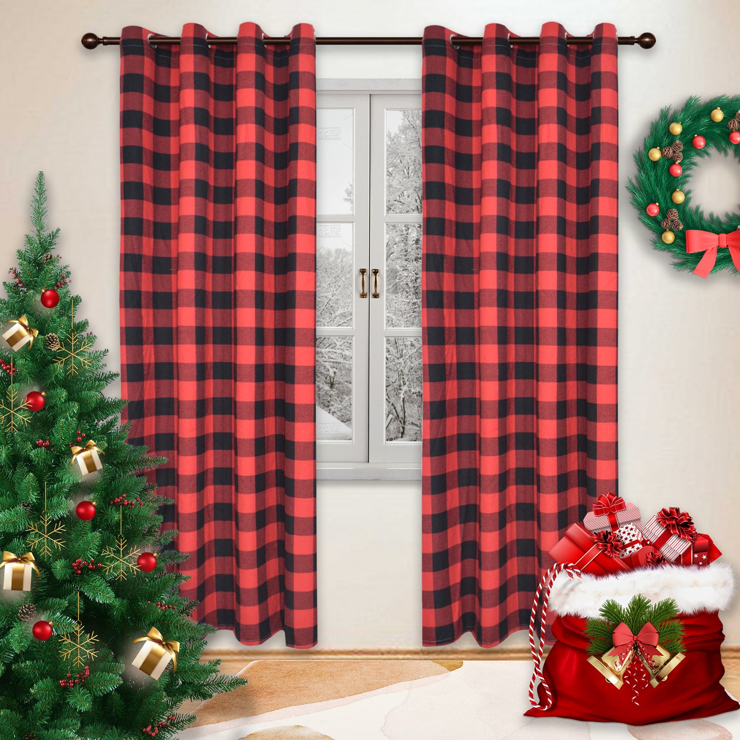 Rideaux à carreaux de Noël, 1 panneau, rouge, 132 x 160 cm/132 x 213 cm/132 x 244 cm