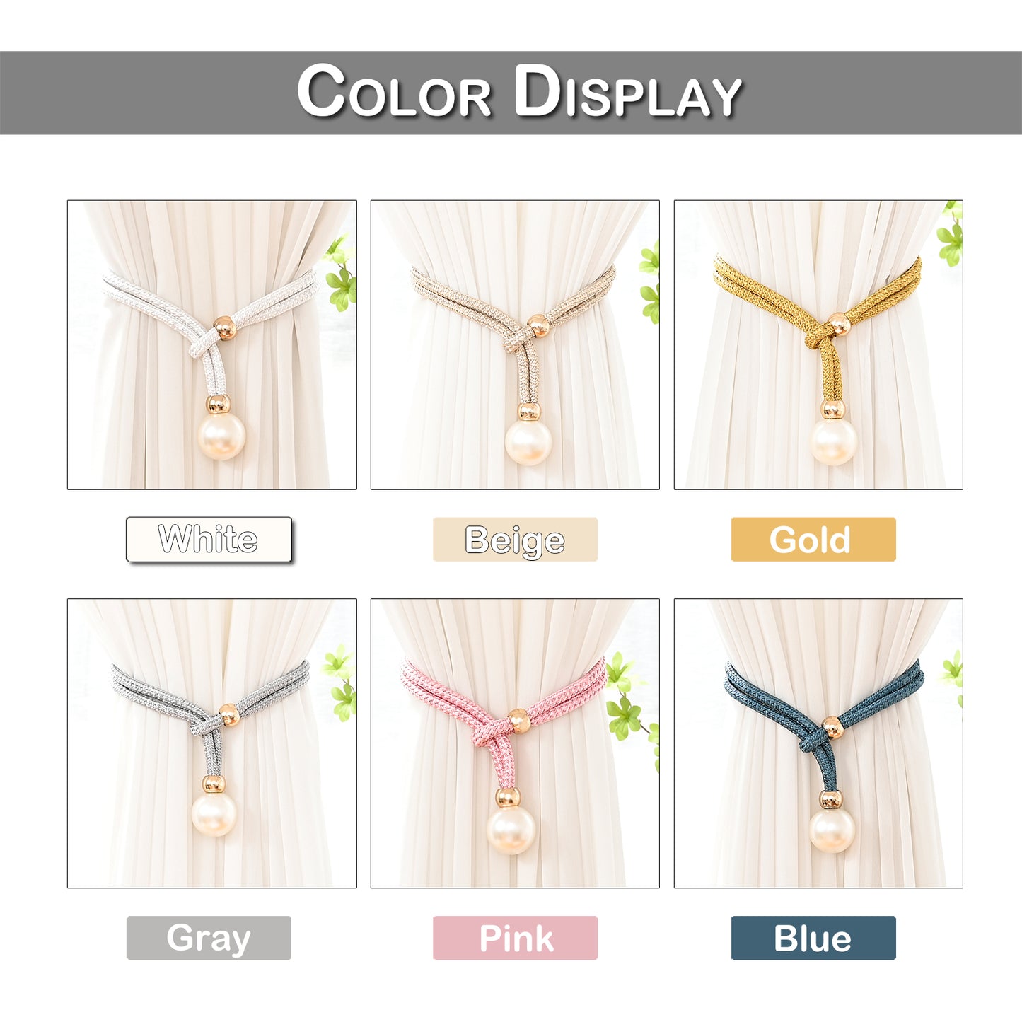 Embrasses à rideaux en perles, blanc/beige/doré/gris/rose/bleu