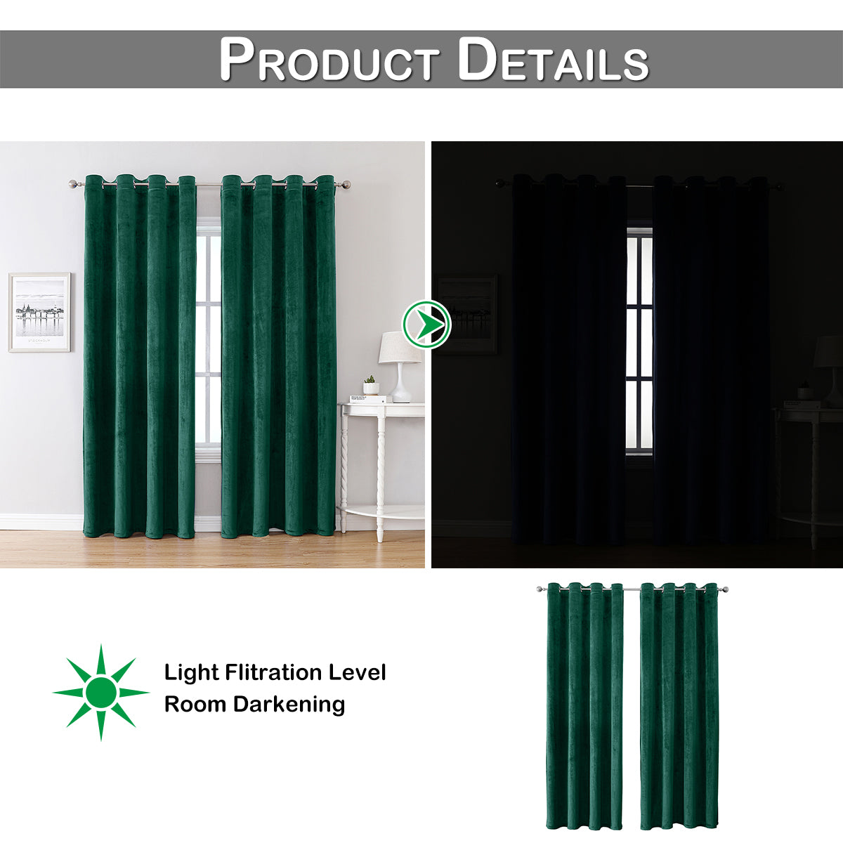 Rideaux en velours, 1 panneau, vert, 132*164cm/132*214cm/132*244cm