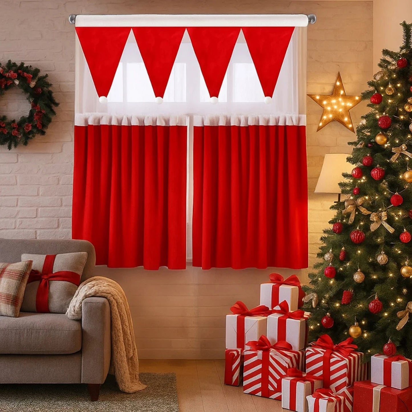 Weihnachtliches 3er-Set Kurzgardinen mit Pompoms – Rote Dekogardinen für Küche und Wohnzimmer