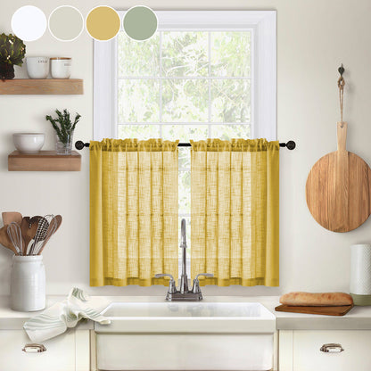 2 Short Linen-Look Sheer Curtains with Rod Pocket for Kitchen Bathroom Window