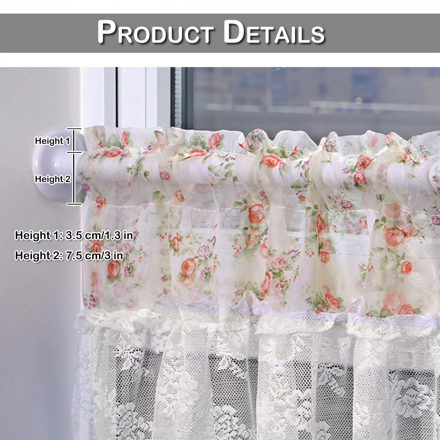 Floral Lace Sheer Short Curtains, 1 Panel, White, 132*45cm/132*60cm