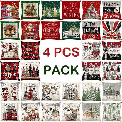 4er-Set Weihnachts-Kissenbezüge aus Leinen – Softe Dekokissen für Sofa und Bett (45×45 cm)