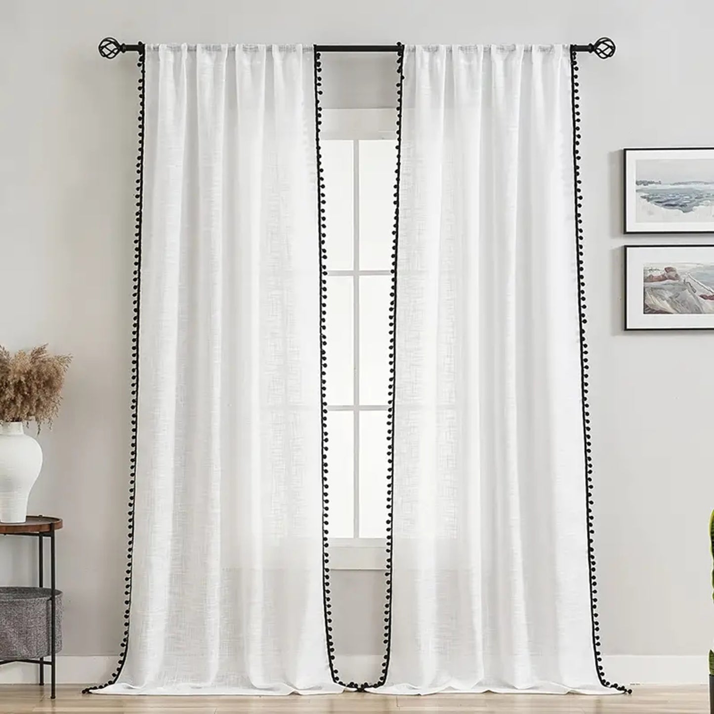1 Panel Window Sheer Curtain Cute Ball Pompom Decor