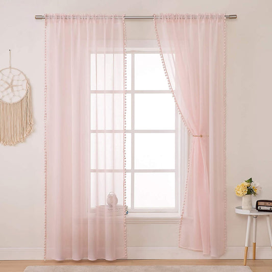 Rideaux transparents à pompons, rose, 1 panneau, 132x160cm/132x210cm/132x240cm/132x270cm