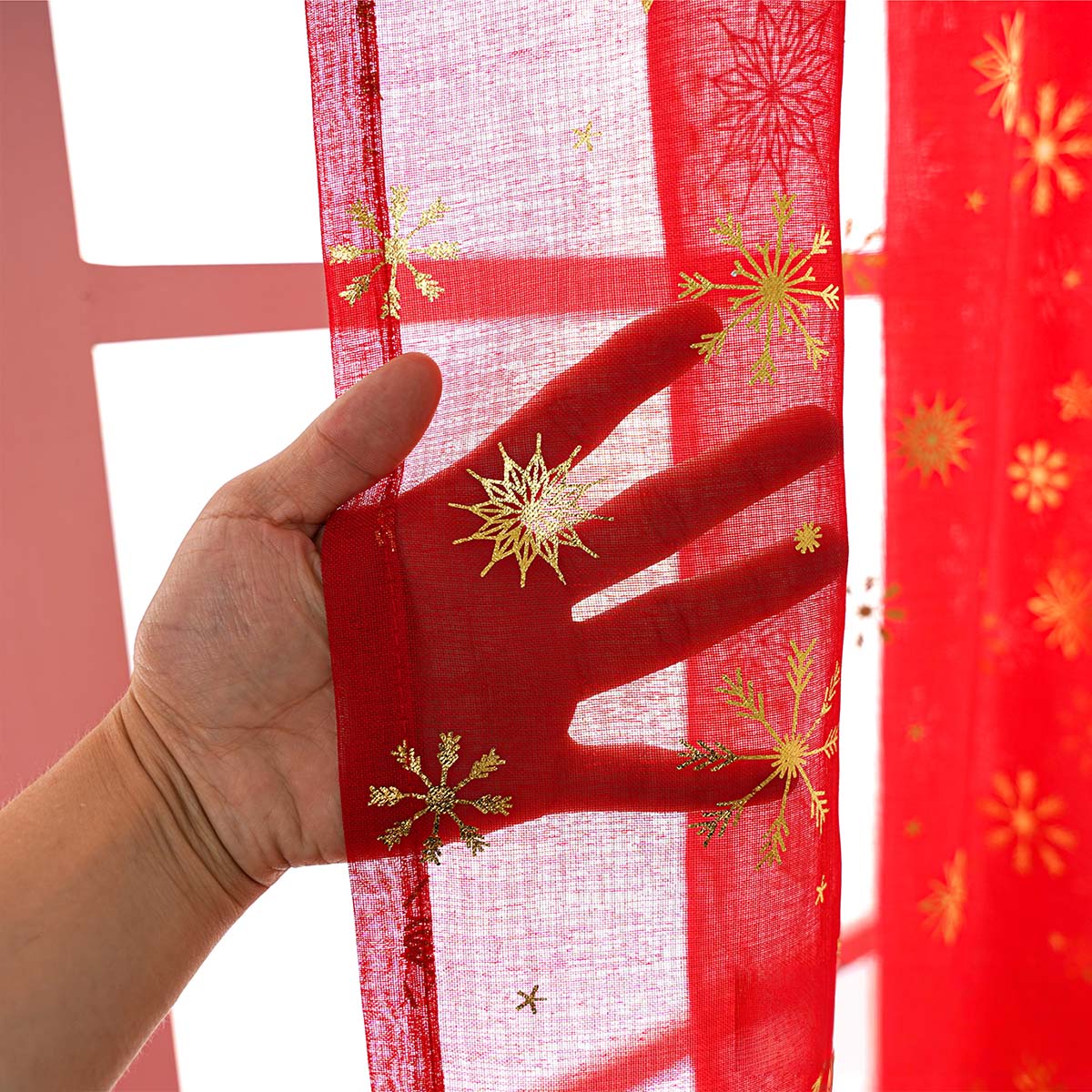 Rideau de Noël Flocons de neige Feuille d'or Lot de 2 rideaux transparents