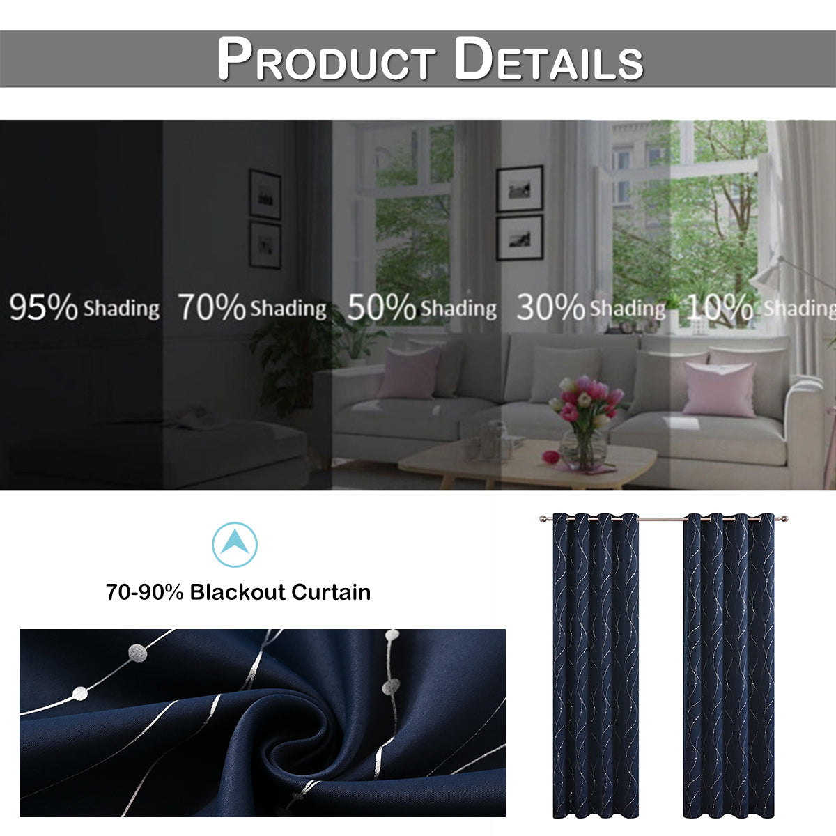 Silver Stamping Blackout Curtains, 1 Panel, Navy Blue, 132*160cm/132*213cm
