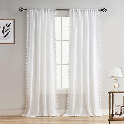 1 Panel White Pompom Semi-Sheer Sheer Curtains