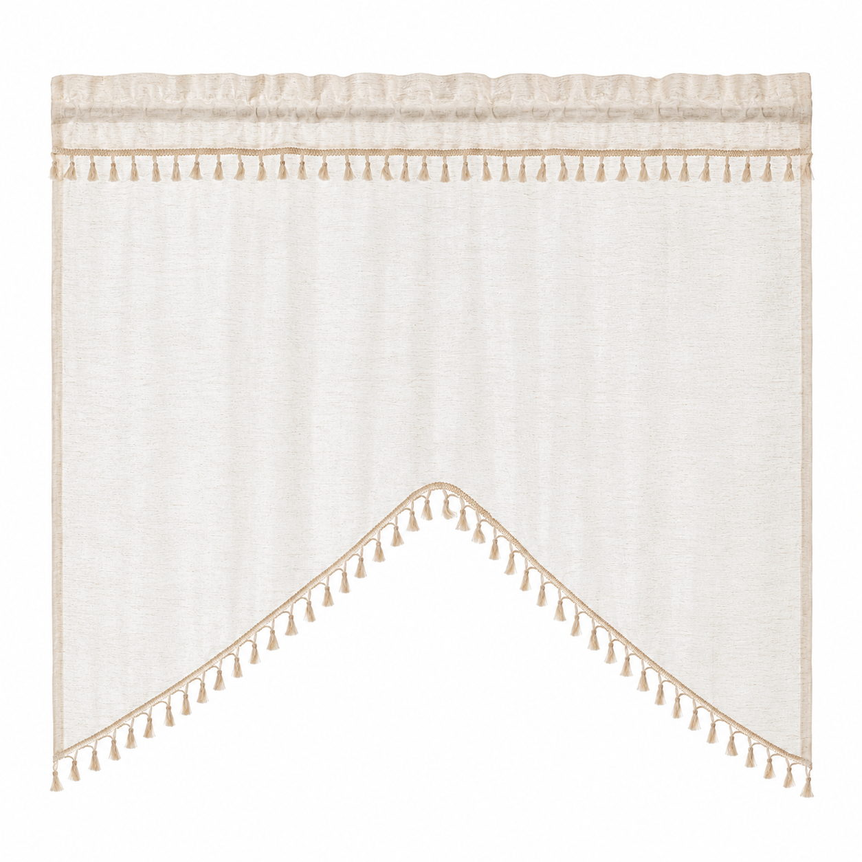 Arched cafe curtain in a linen blend with tassels in a country style