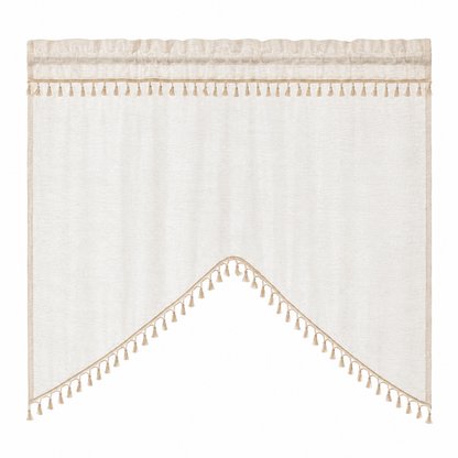 Arched cafe curtain in a linen blend with tassels in a country style