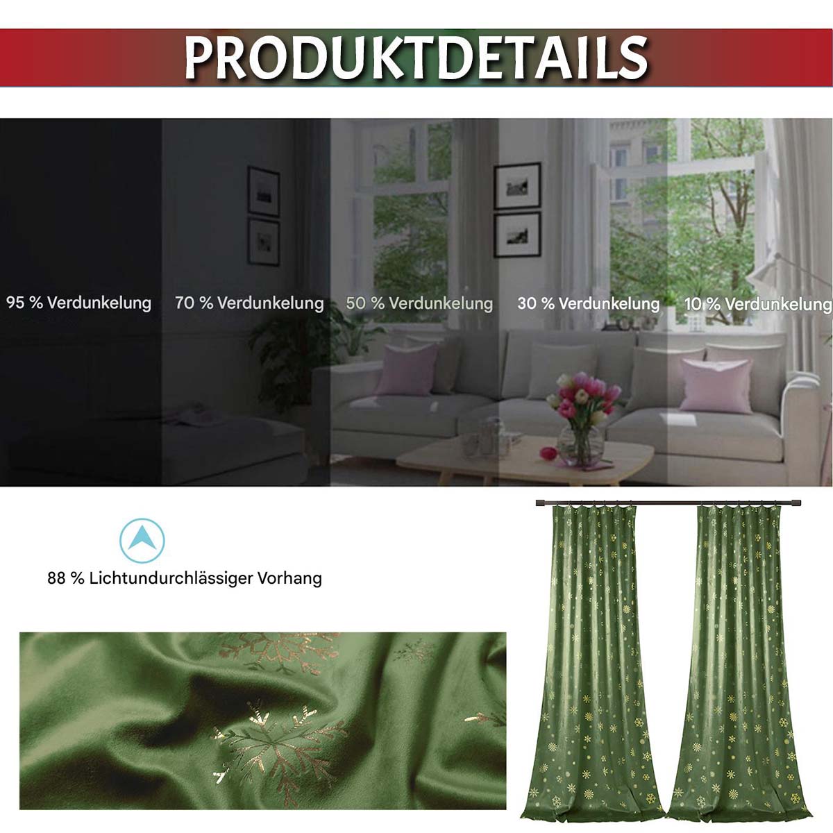 Weihnachts Samtvorhänge mit Goldfolie Schneeflocken 2-teilig Rot oder Grün