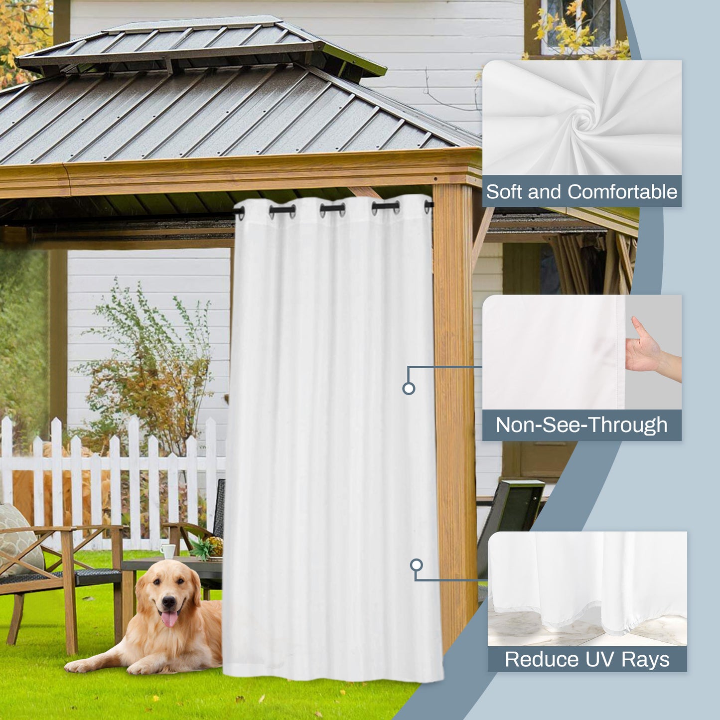 Semi-transparent, water-repellent outdoor curtain with eyelets for patio and balcony