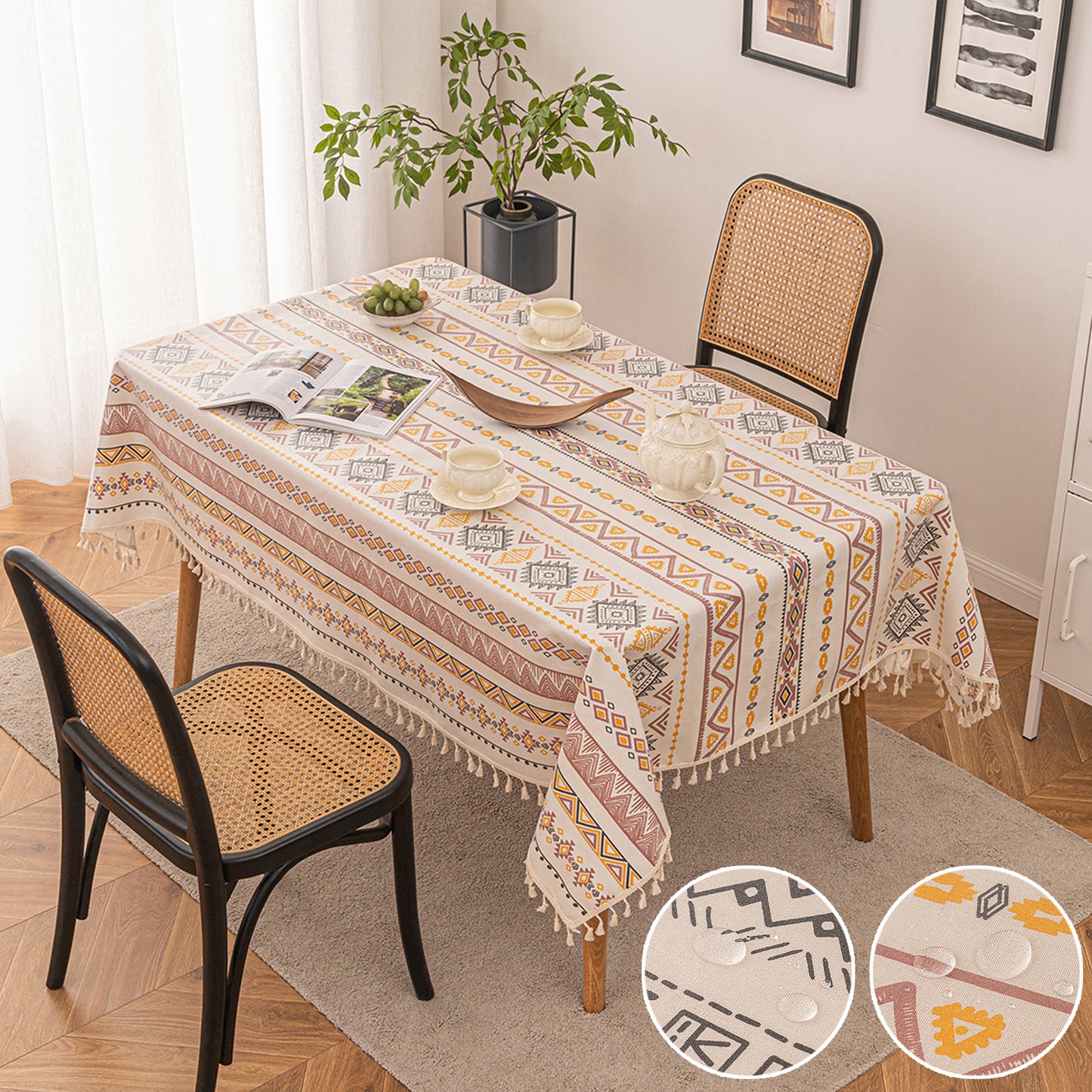 Boho tablecloth with tassels, waterproof, cotton linen, geometric pattern