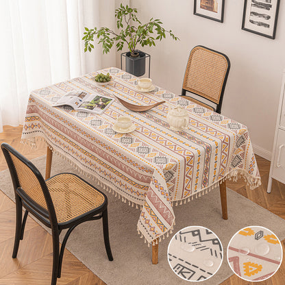 Boho tablecloth with tassels, waterproof, cotton linen, geometric pattern