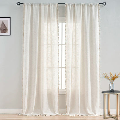 1 Panel Boho Cream Vintage Tassel Sheer Curtains