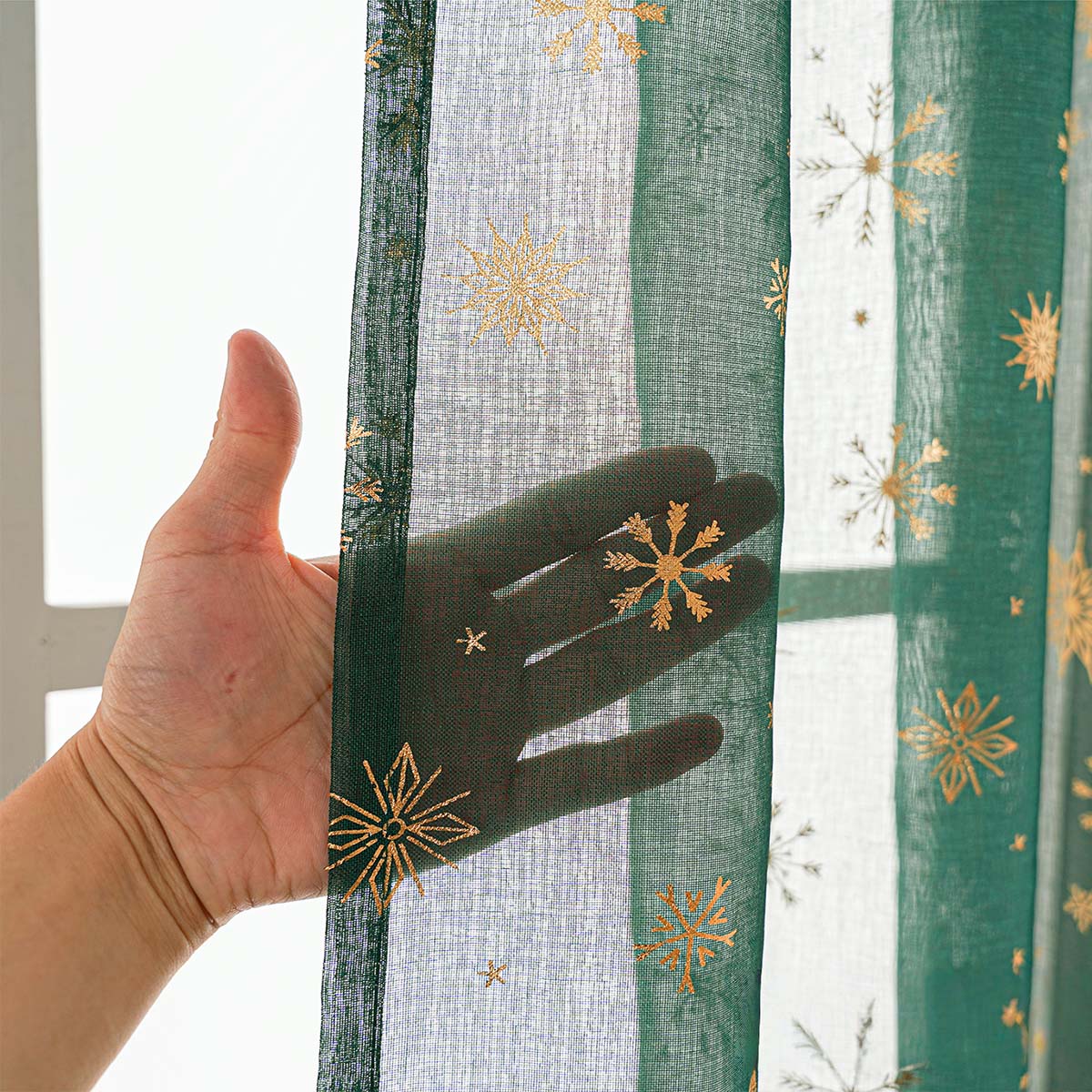 Rideau de Noël Flocons de neige Feuille d'or Lot de 2 rideaux transparents