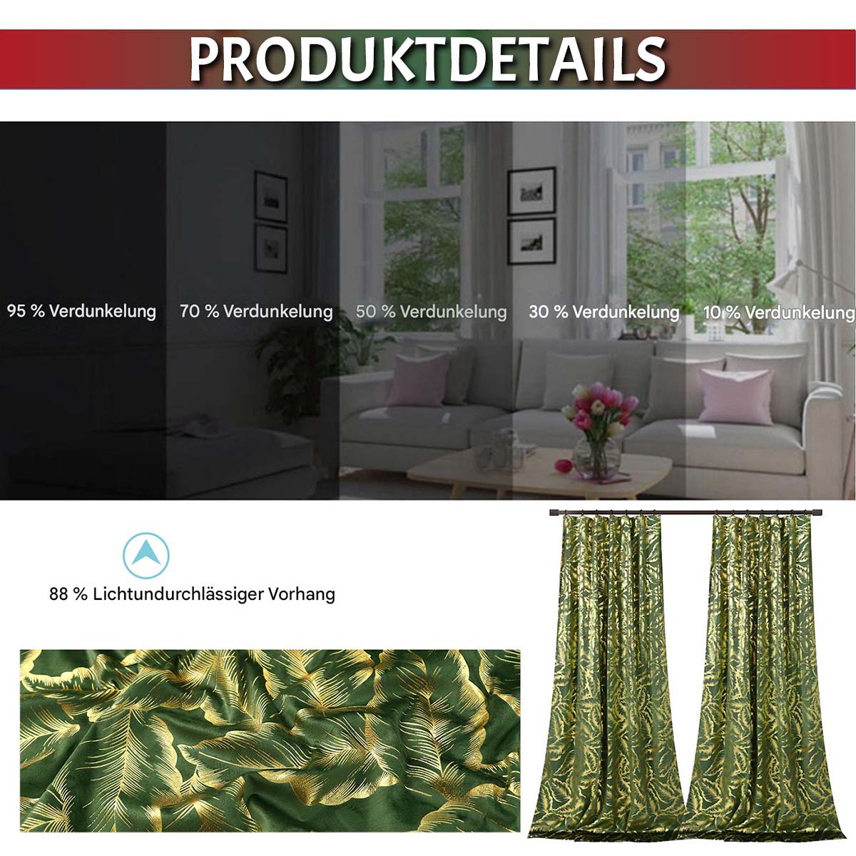 Rideaux de Noël en velours avec feuille d'or · Occultants · Rouge/Vert · 2 pièces