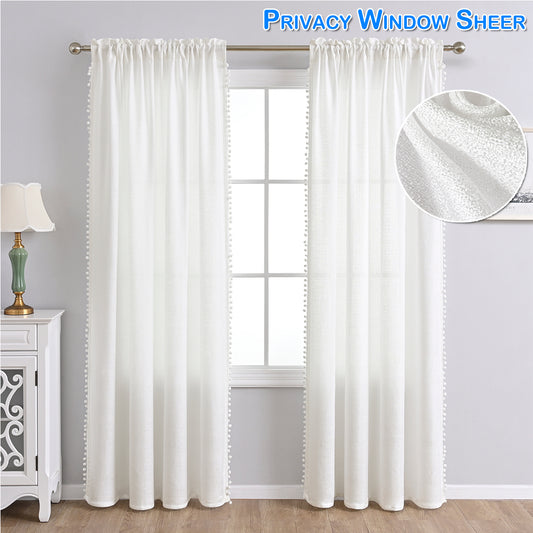 Pompom Semi Tulle Curtains, 1 Panel, White, 100*130cm/100*200cm/140*260cm