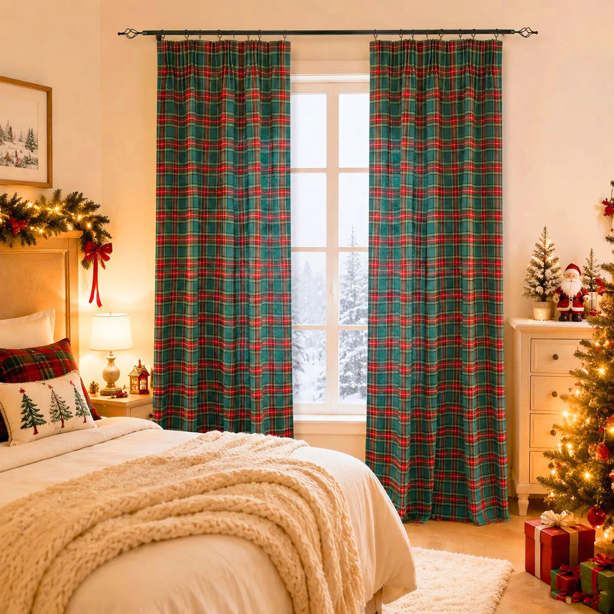 2 rideaux de Noël à carreaux tartan, semi-transparents et avec bande multifonctionnelle