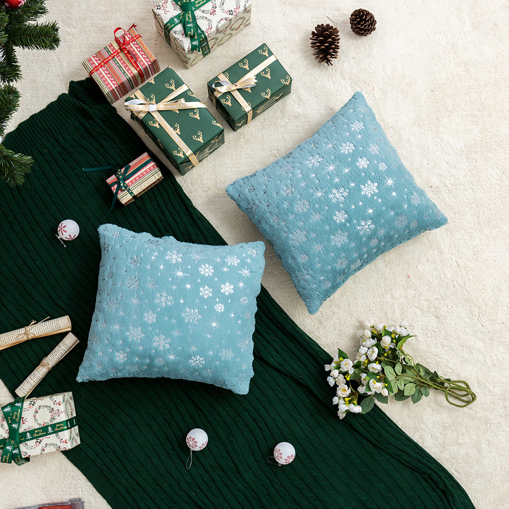 Soft plush pillowcase with snowflakes and gold embossing