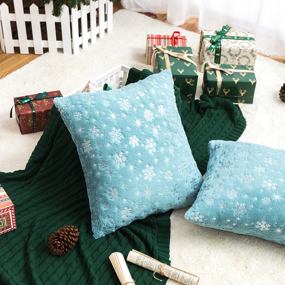 Soft plush pillowcase with snowflakes and gold embossing