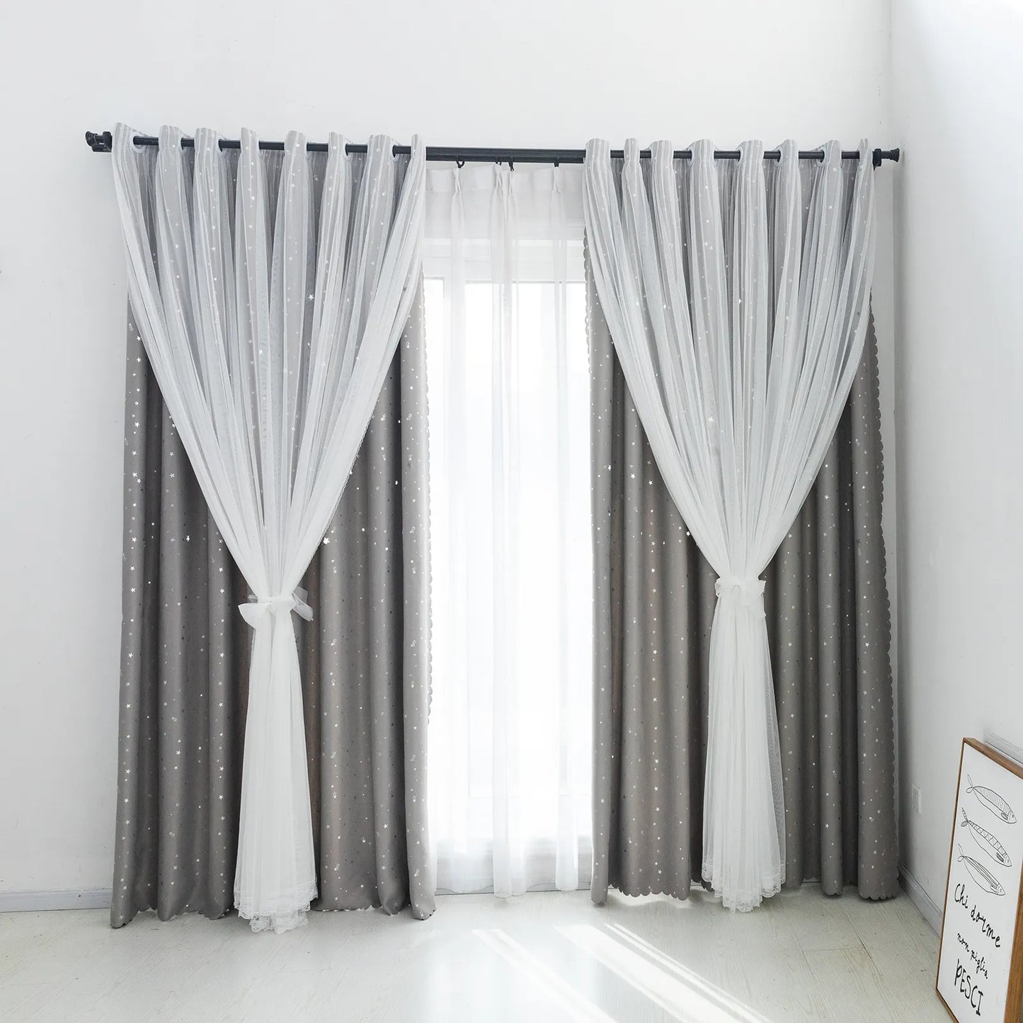 Blackout curtain with double-layered tulle, cut-out stars and silver print – 1 piece