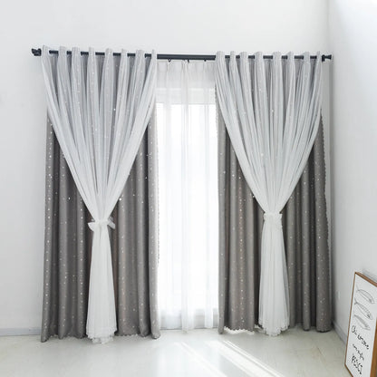 Blackout curtain with double-layered tulle, cut-out stars and silver print – 1 piece