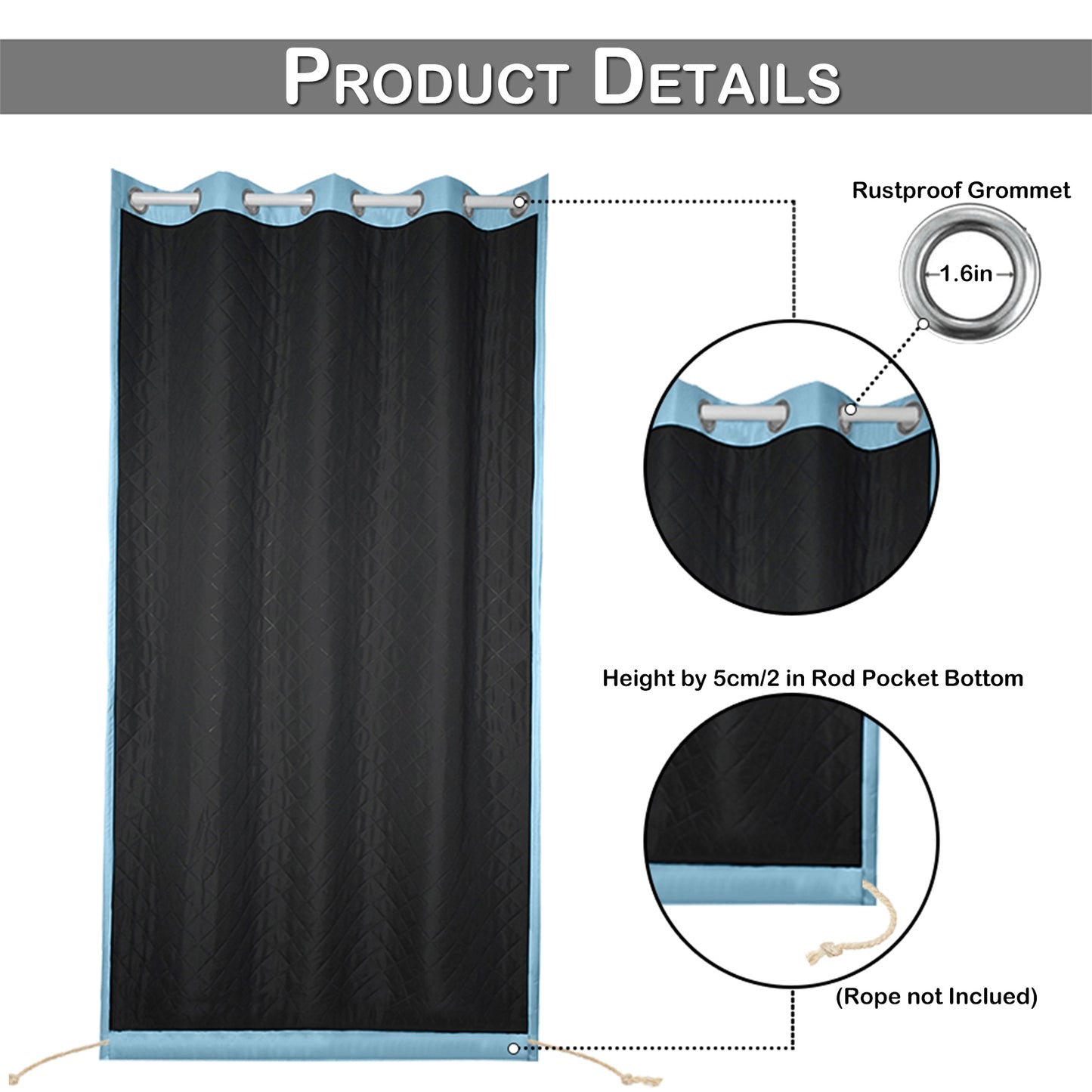 Outdoor Curtain – Waterproof, Windproof and Quilted, 100% Blackout, 1/2 Panel