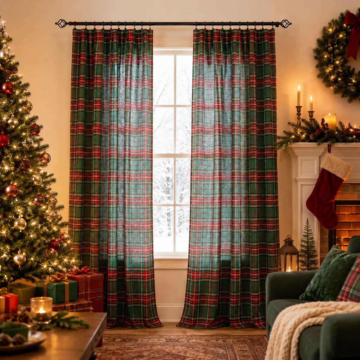 2 rideaux de Noël à carreaux tartan, semi-transparents et avec bande multifonctionnelle