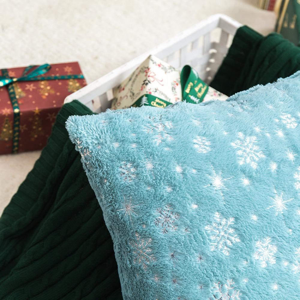 Soft plush pillowcase with snowflakes and gold embossing