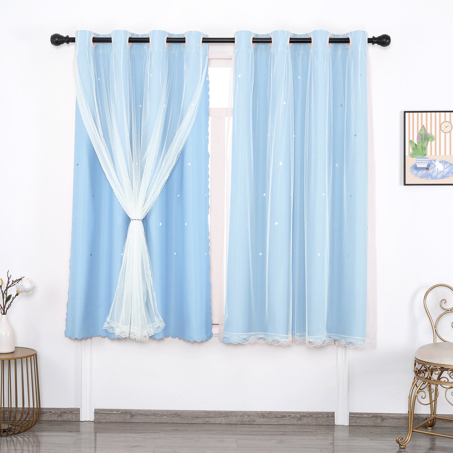 Verdunkelungsvorhang mit Tüll Overlay und Ausgestanzten Sternen – Einzelne Gardinenbahn