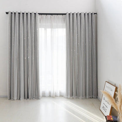 Blackout curtain with double-layered tulle, cut-out stars and silver print – 1 piece
