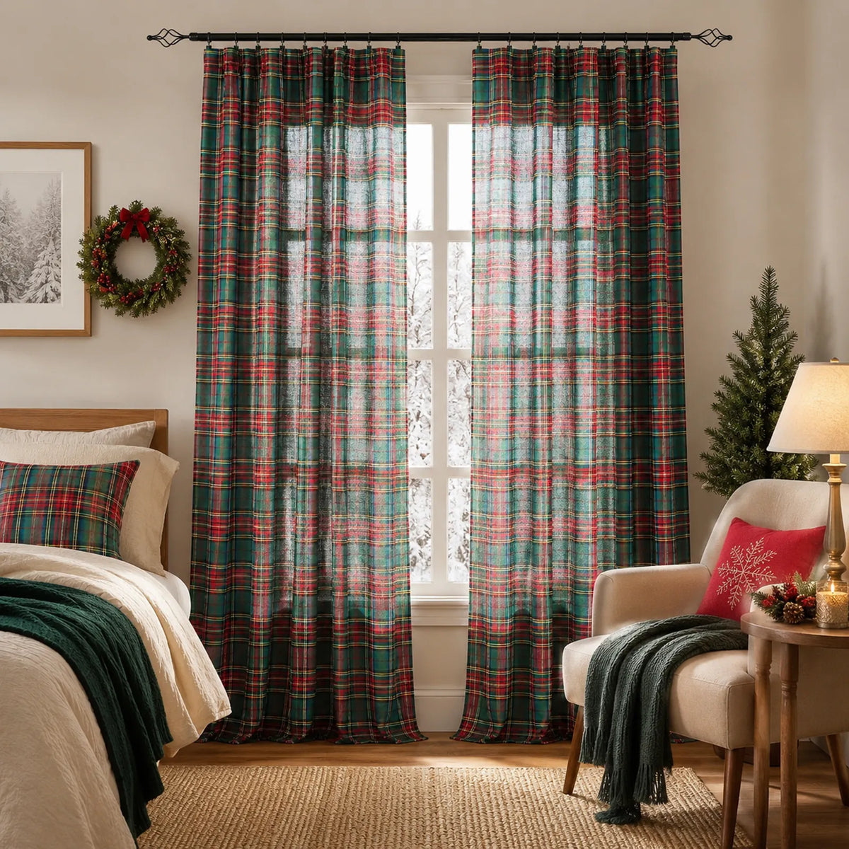 2 rideaux de Noël à carreaux tartan, semi-transparents et avec bande multifonctionnelle