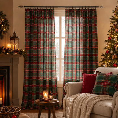 2 rideaux de Noël à carreaux tartan, semi-transparents et avec bande multifonctionnelle