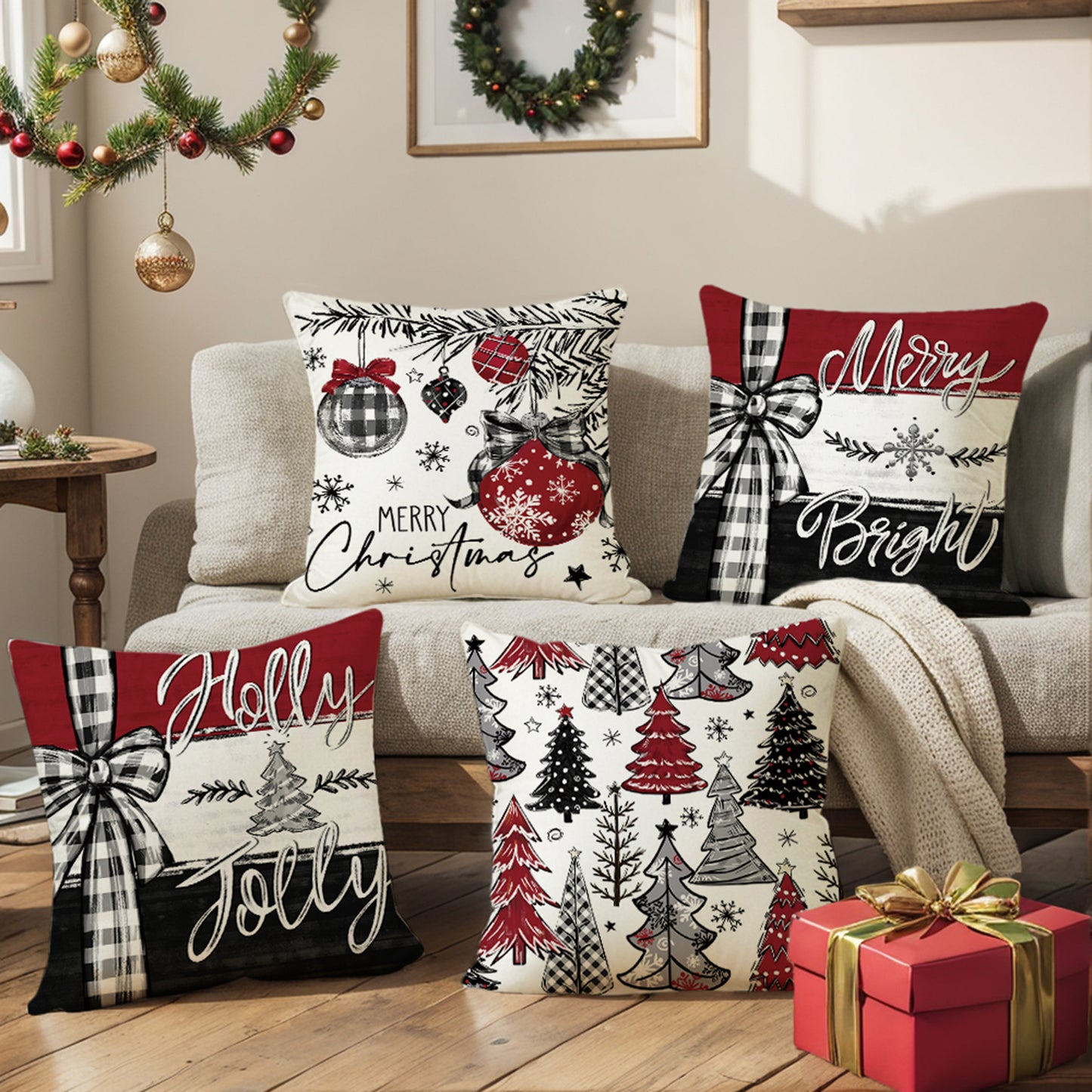 4er-Set Weihnachts-Kissenbezüge aus Leinen – Softe Dekokissen für Sofa und Bett (45×45 cm)