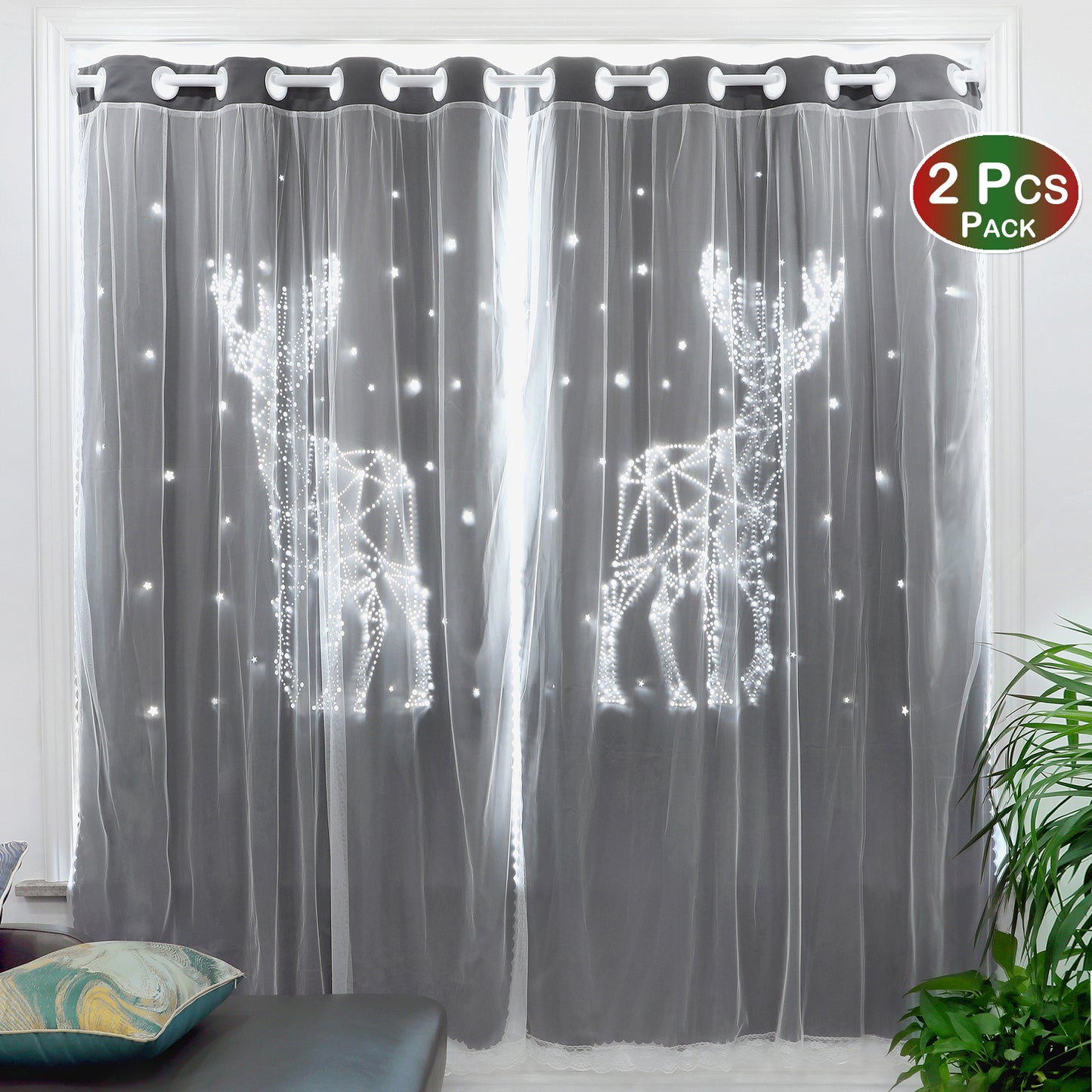 Christmas Blackout Curtains, 2 Panels, Gray, 132x160cm/132x215cm