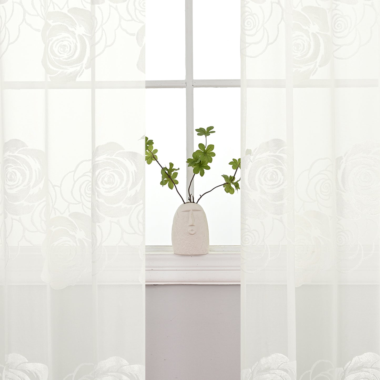 Rideaux transparents floqués à motif de roses, 1 panneau, blanc, 100 x 200 cm/100 x 250 cm/140 x 260 cm