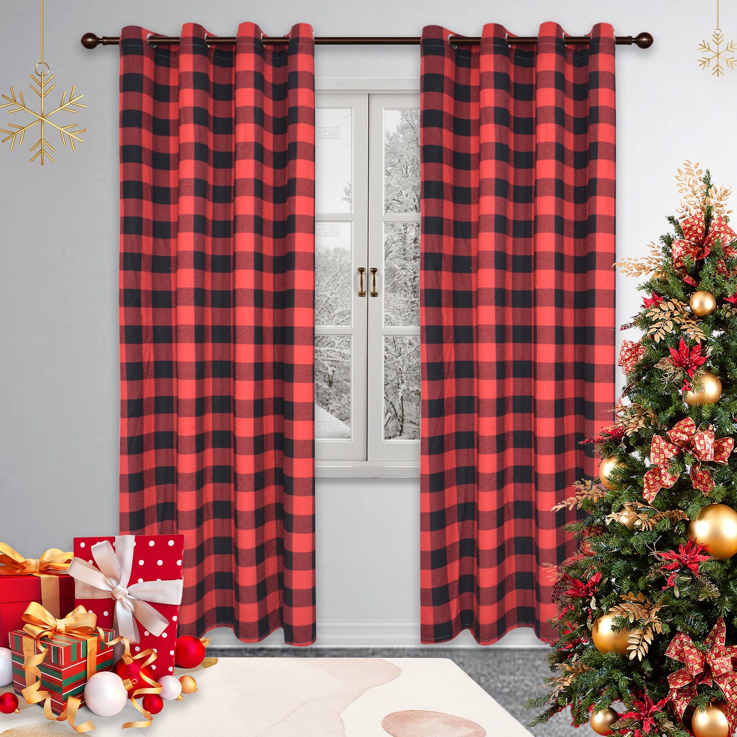 Rideaux à carreaux de Noël, 1 panneau, rouge, 132 x 160 cm/132 x 213 cm/132 x 244 cm