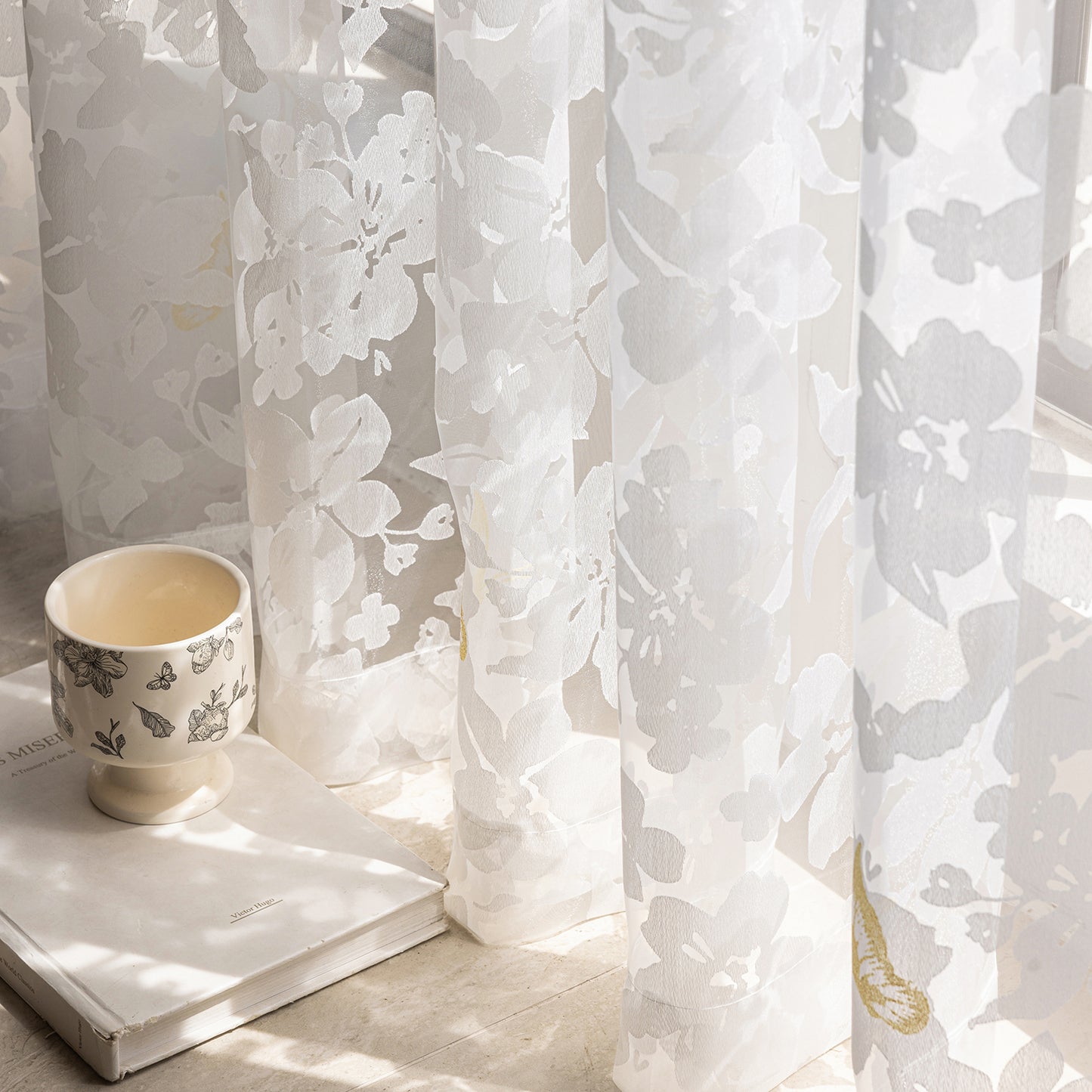 Elegant burnout voile curtain with gold butterfly embroidery, made to measure – Mariposa