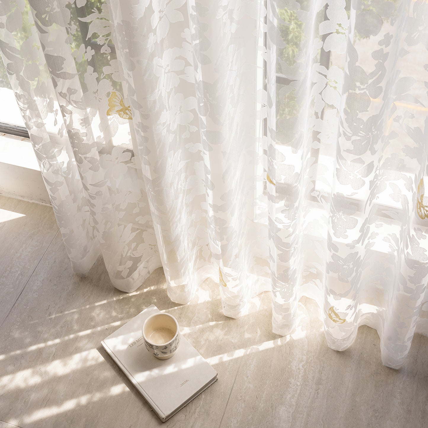 Elegant burnout voile curtain with gold butterfly embroidery, made to measure – Mariposa