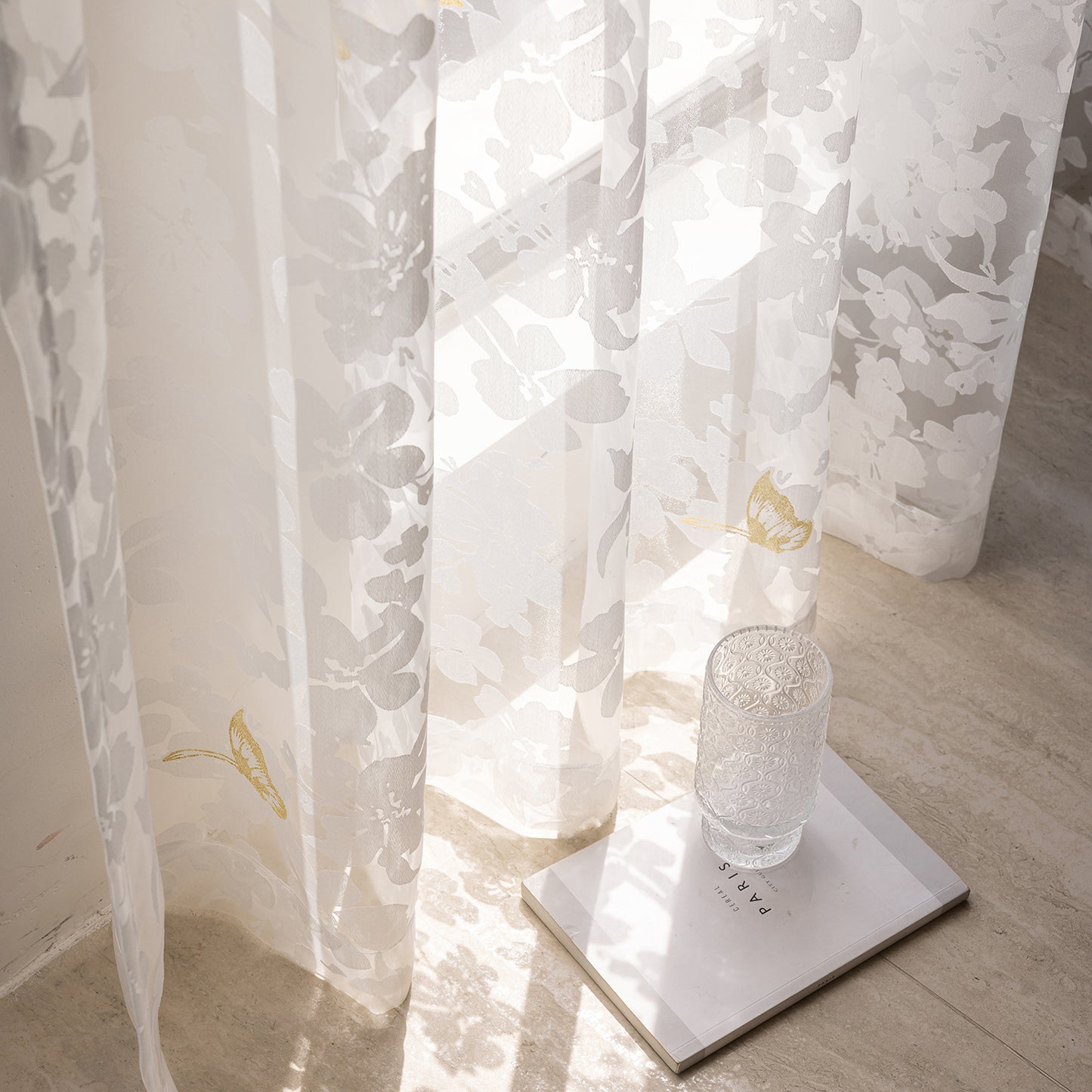 Elegant burnout voile curtain with gold butterfly embroidery, made to measure – Mariposa