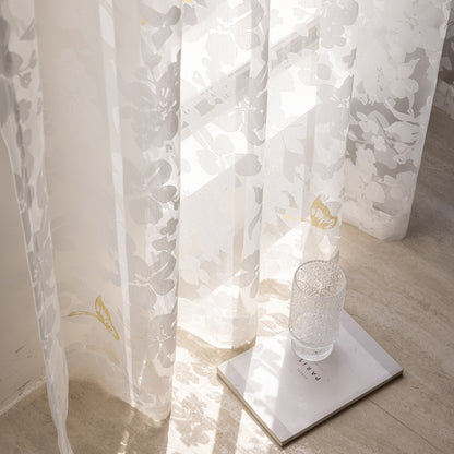 Elegant burnout voile curtain with gold butterfly embroidery, made to measure – Mariposa