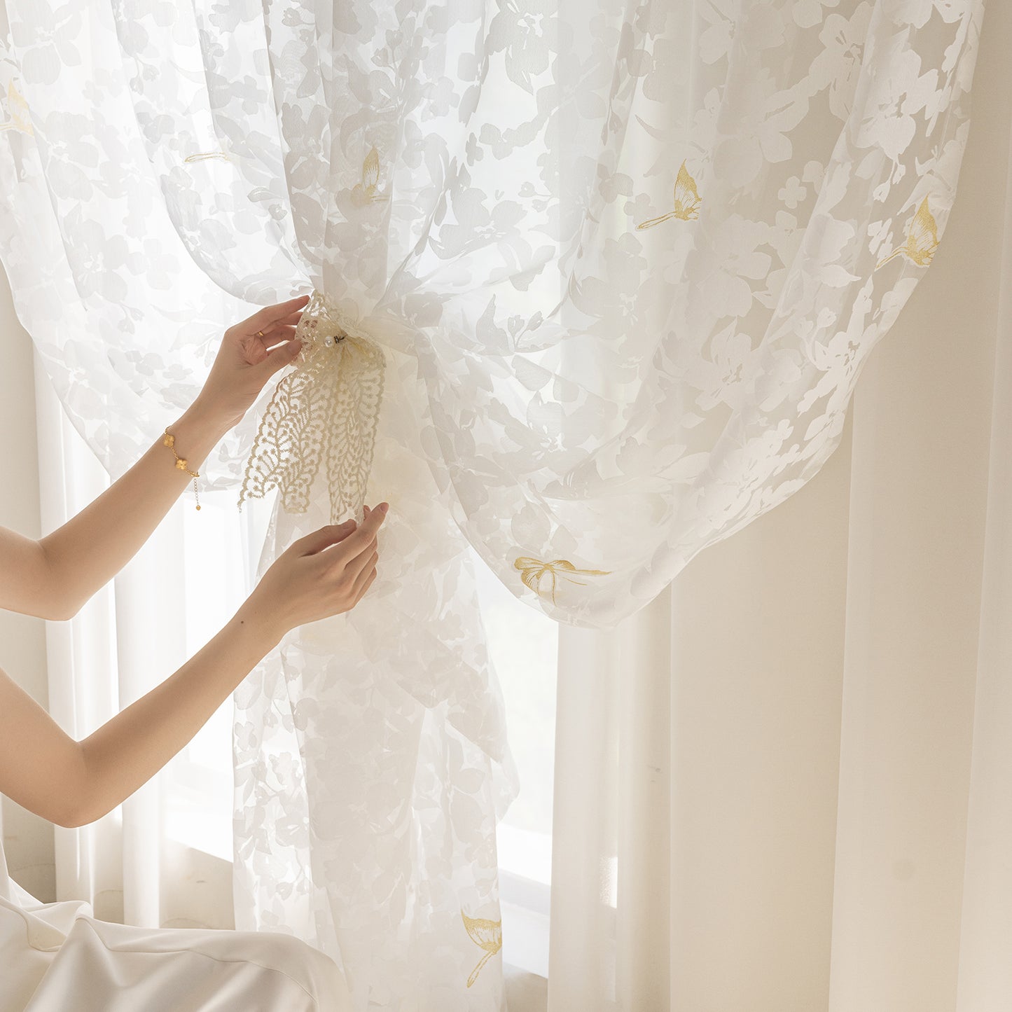 Elegant burnout voile curtain with gold butterfly embroidery, made to measure – Mariposa