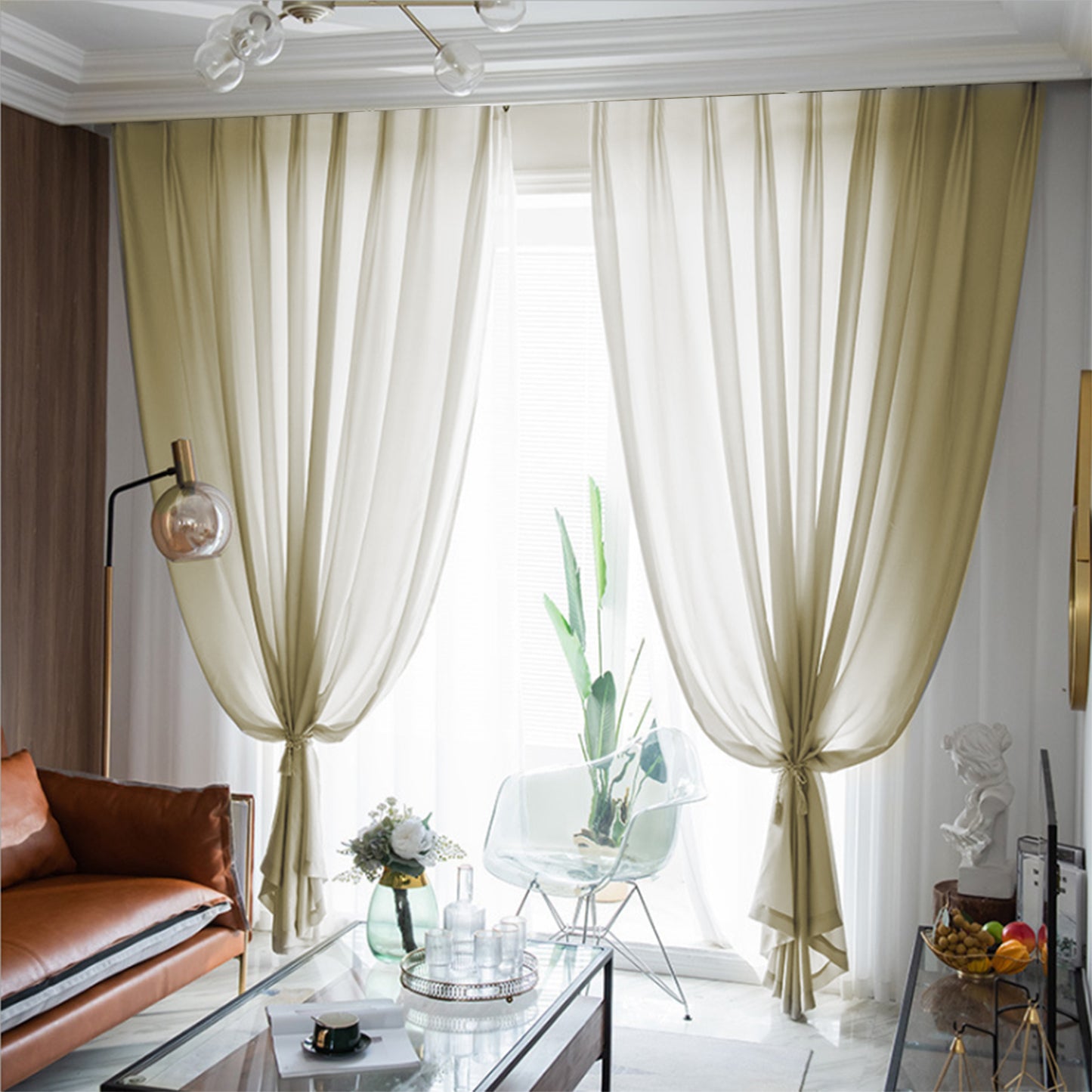 Rideaux transparents en mousseline de soie, 1 panneau, kaki, 140 x 145 cm/140 x 225 cm/140 x 265 cm